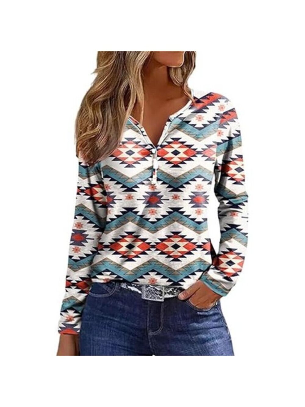 Womens Long Sleeve T Shirts Aztec Cow Print Western Henley Tops - Picture 5 of 5